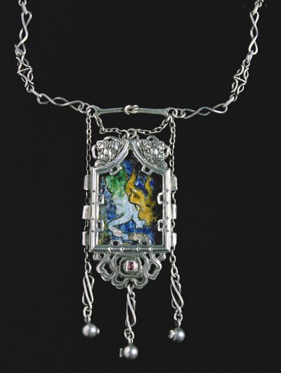 Silver, Enamel and Amethyst Pendant by Omar Ramsden